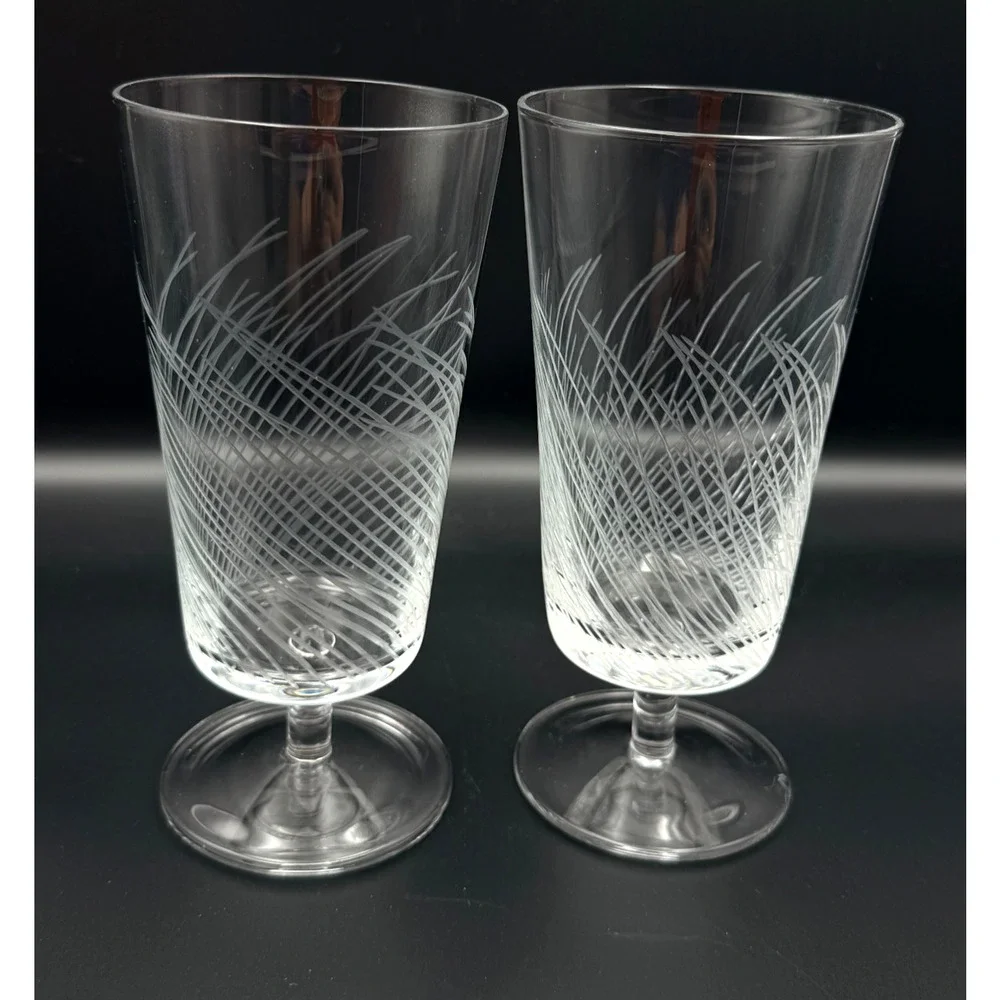 1970s Flat Bottom Short Stem Cocktail Water Glasses Hand Etched Lines Reeds Set